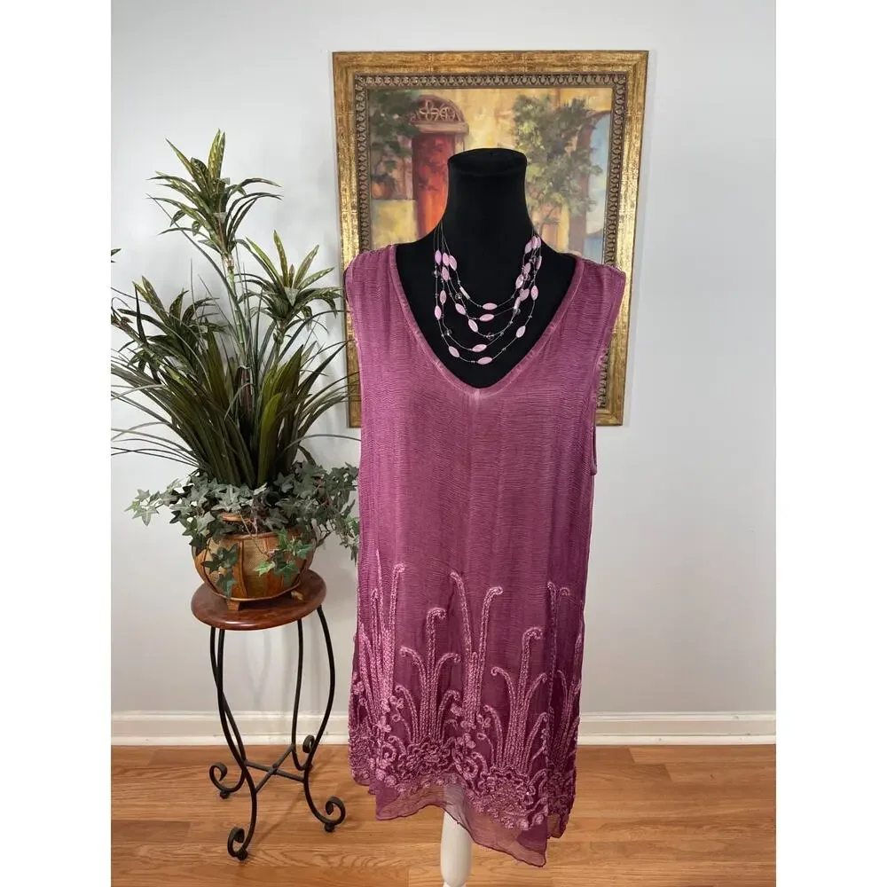 Soft Surroundings Tunic Top Womens Large Mauve Purple Crinkle100% Silk Romantic - Picture 1 of 7